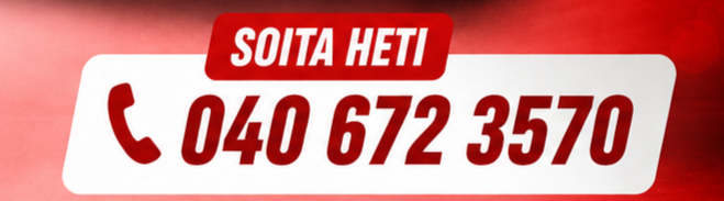 Punainen mainoskuva, jossa lukee “SOITA HETI” ja puhelinnumero 040 672 3570 valkoisella taustalla.