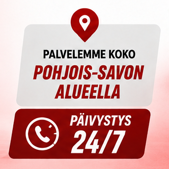 Punainen sijaintikuvake ja tekstit “PALVELEMME KOKO POHJOIS-SAVON ALUEELLA” sekä “PÄIVYSTYS 24/7” -puhelinlogo.